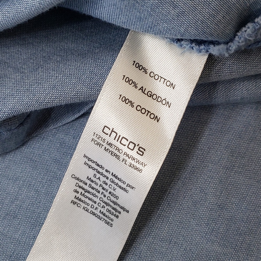 Chicos Chambray Ruffle Denim Shirt Women 2 L/US12 Button Up Blue Long Sleeve - Picture 7 of 9